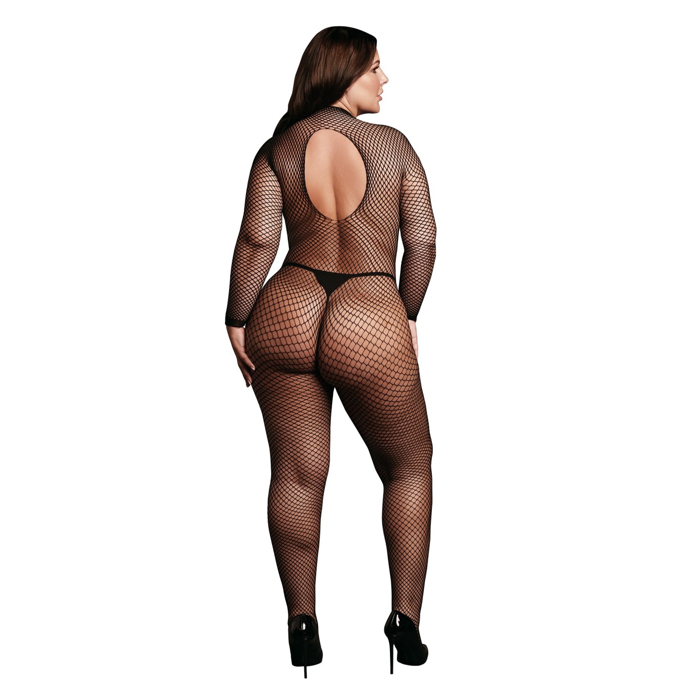 Bodystocking Fishnet Struktura - odprtje mednožja / visok ovratnik - OSX - Črna