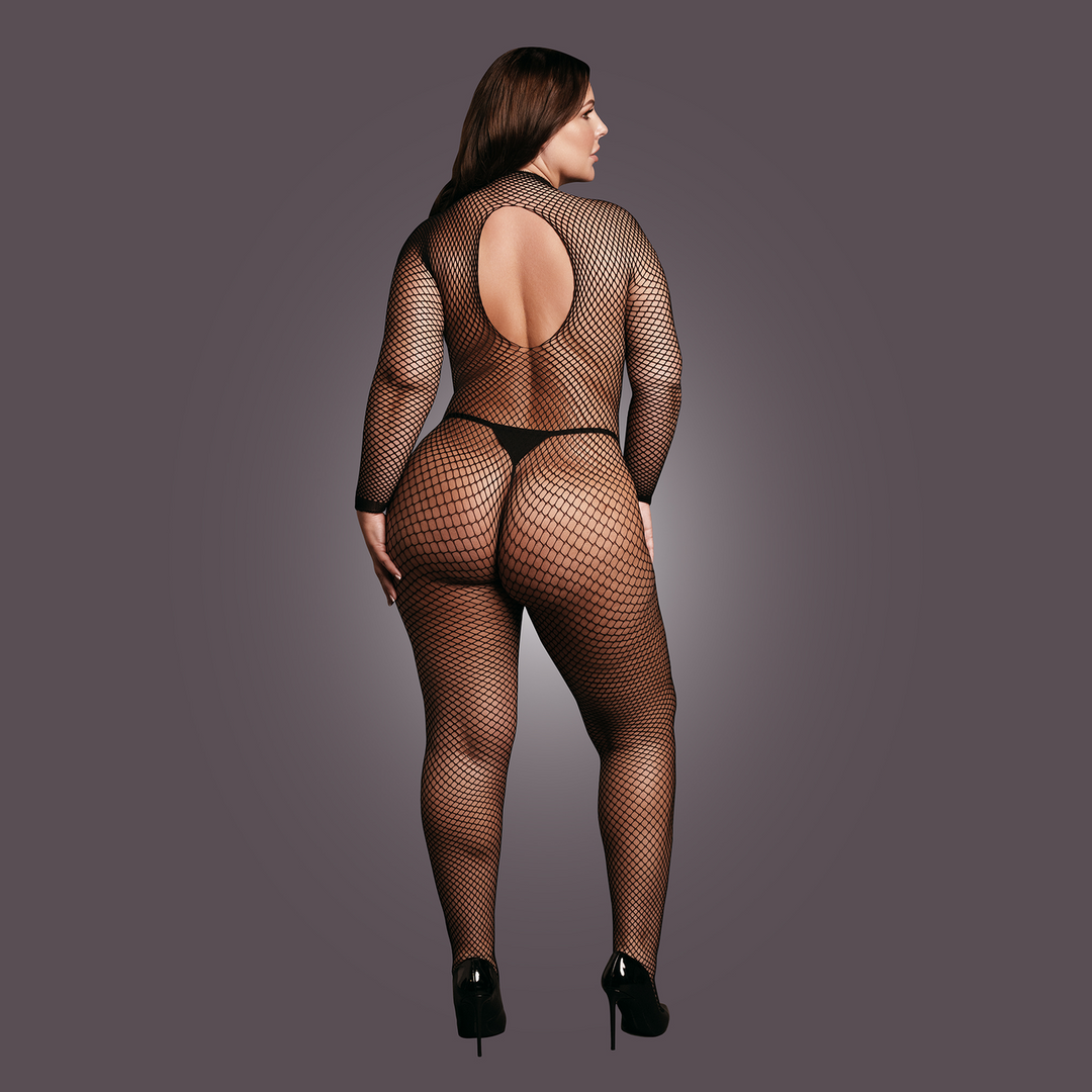 Bodystocking Fishnet Struktura - odprtje mednožja / visok ovratnik - OSX - Črna