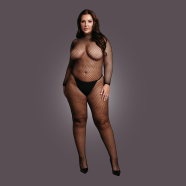 Bodystocking Fishnet Struktura - odprtje mednožja / visok ovratnik - OSX - Črna
