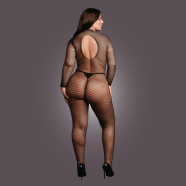 Bodystocking Fishnet Struktura - odprtje mednožja / visok ovratnik - OSX - Črna