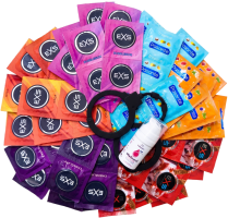 Komplet kondomov z okusom - Tasty pack (72 ks) + lubrikantni gel SE Raspberry 15 ml + silikonske lisice Handcuffs