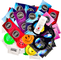 Komplet različnih kondomov - Explore pack (72 ks) + lubrikantni gel SE strawberry 15 ml + silikonske lisice Handcuffs